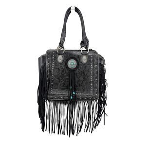Trinity Ranch Fringe Top Handle Bag Western Gemstone Floral Embossed Black